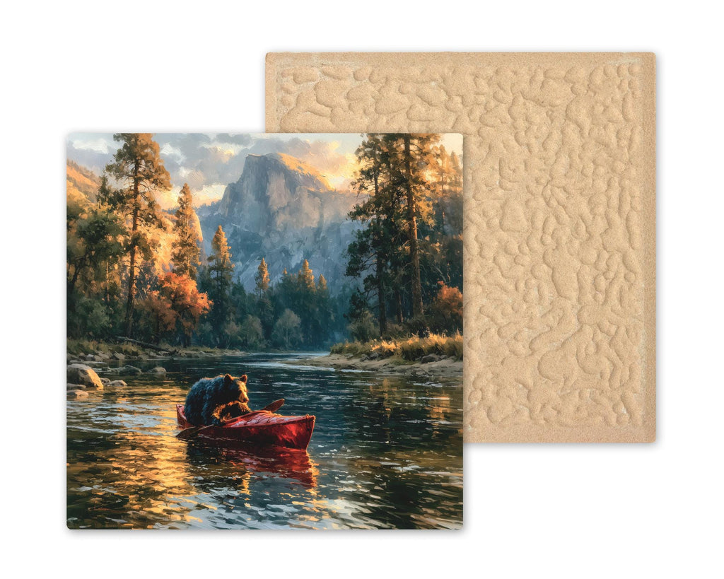 Black Bear Kayaking Ceramic Tile Wall Art Yosemite Half Dome National Park Painterly Cabin Lodge Decor