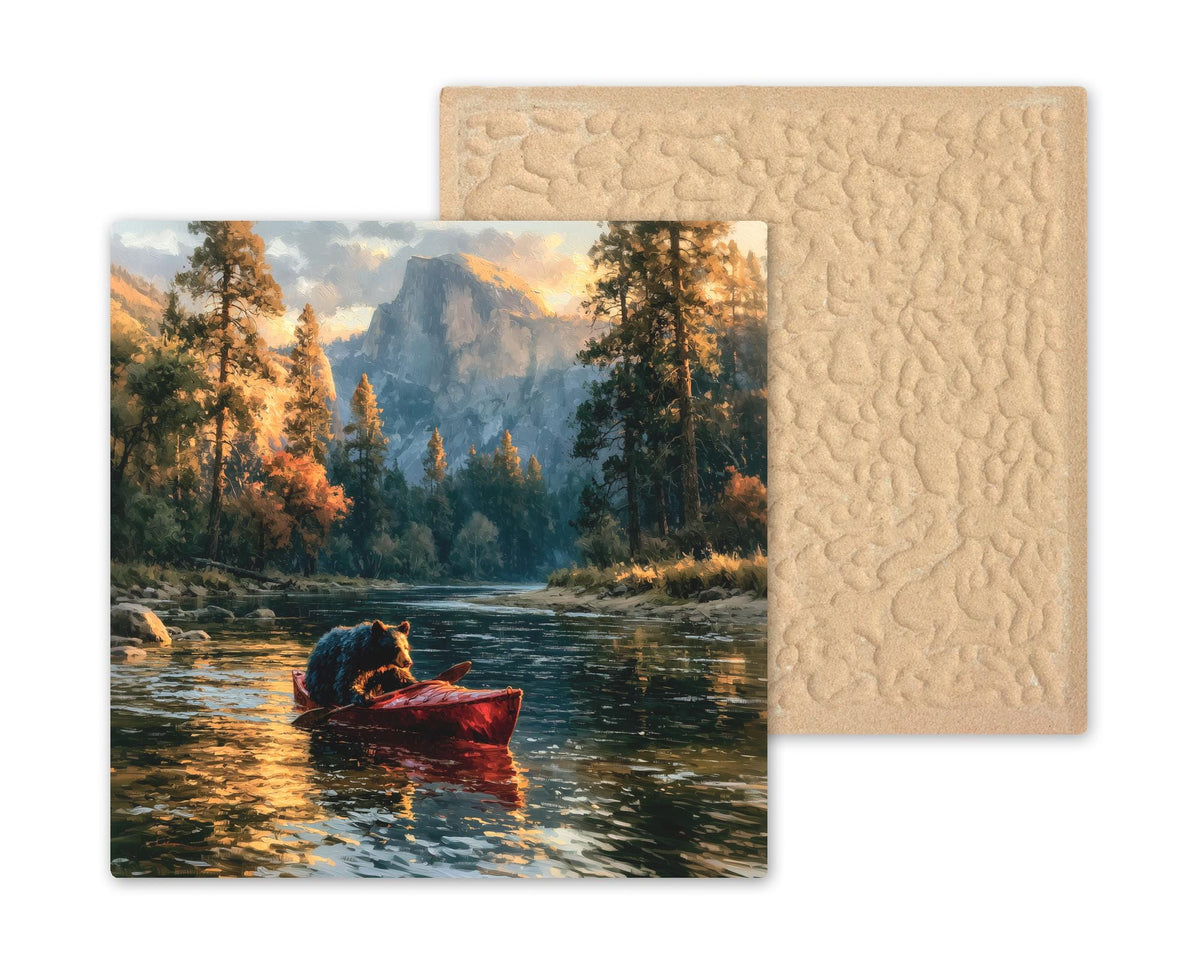 Black Bear Kayaking Ceramic Tile Wall Art Yosemite Half Dome National Park Painterly Cabin Lodge Decor
