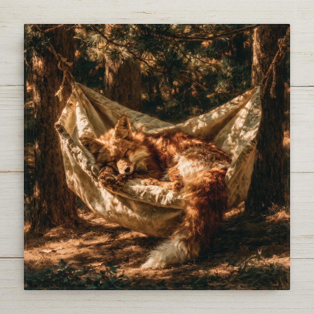 Painterly ceramic tile of a red fox curled asleep in a canvas hammock strung between two pines in dappled golden afternoon light