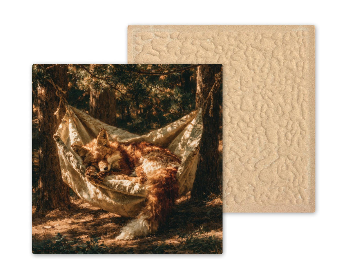Fox Hammock Ceramic Tile Wall Art Painterly Red Fox Napping Between Two Pines Golden Woodland Cabin Whimsy Decor