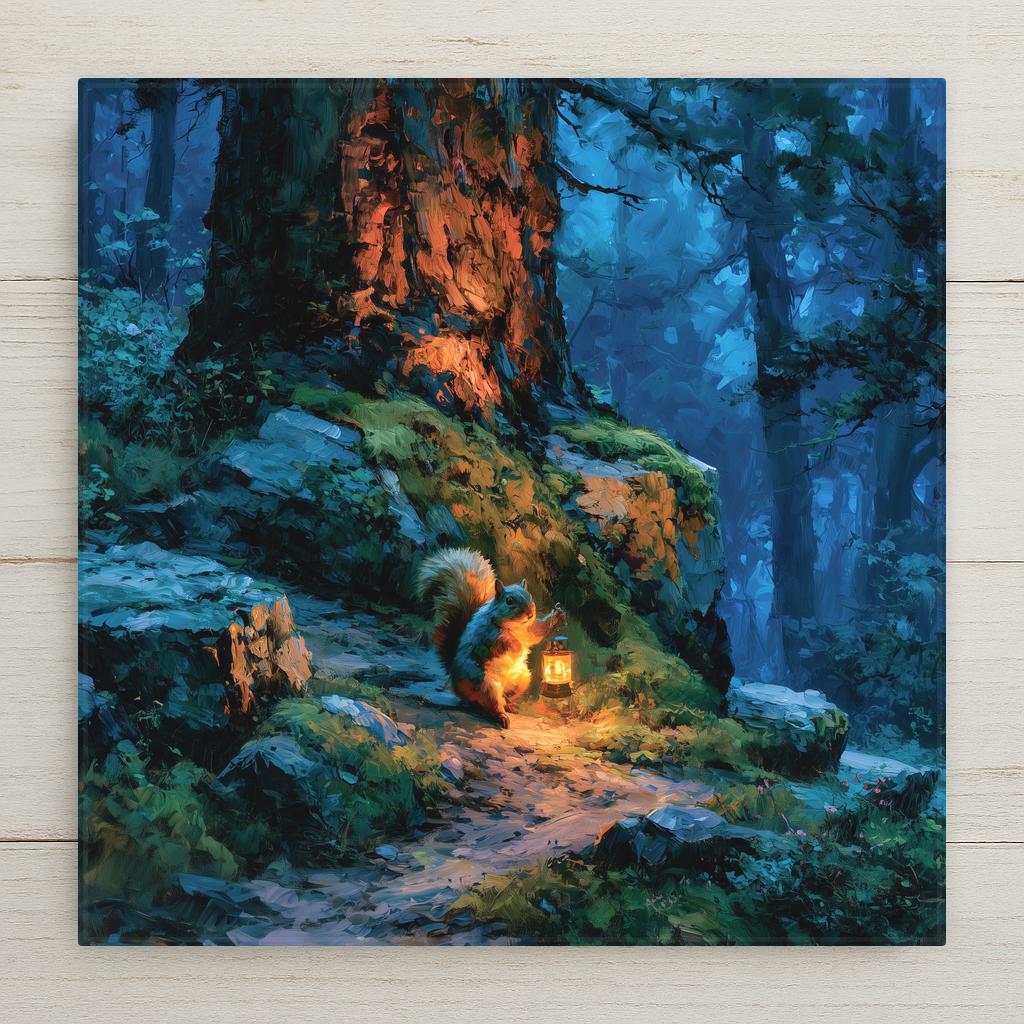 Painterly ceramic tile of a small squirrel walking a mossy night forest path holding a tiny glowing lantern with warm light on the trees