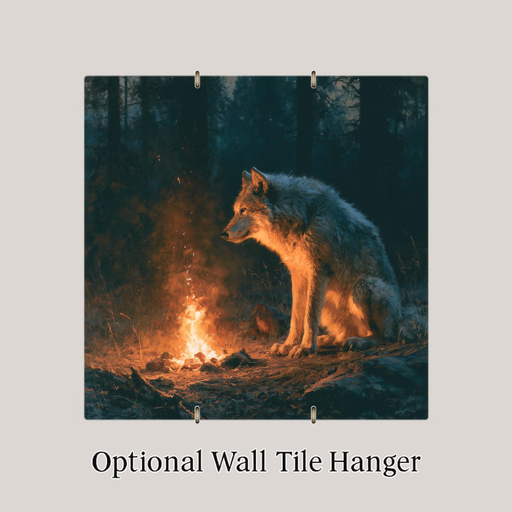 Wolf Campfire Ceramic Tile Wall Art Painterly Gray Wolf Keeping Watch by Glowing Fire Night Forest Cabin Decor