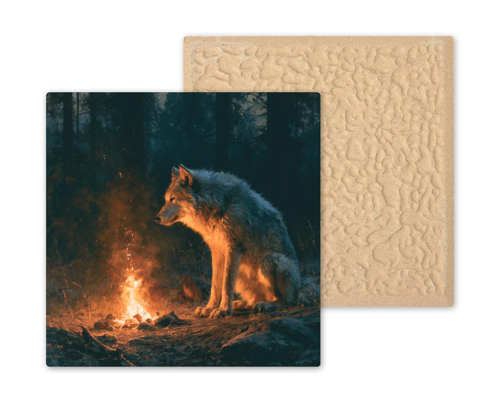 Wolf Campfire Ceramic Tile Wall Art Painterly Gray Wolf Keeping Watch by Glowing Fire Night Forest Cabin Decor
