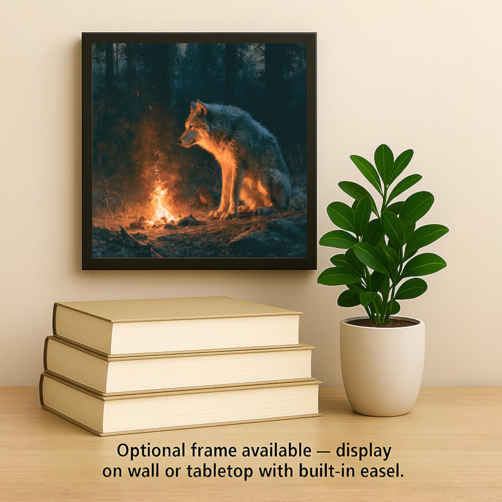 Wolf Campfire Ceramic Tile Wall Art Painterly Gray Wolf Keeping Watch by Glowing Fire Night Forest Cabin Decor
