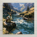 Painterly ceramic tile of a jackalope with small antlers fishing with a pole from a rock beside a sparkling mountain creek with wildflowers