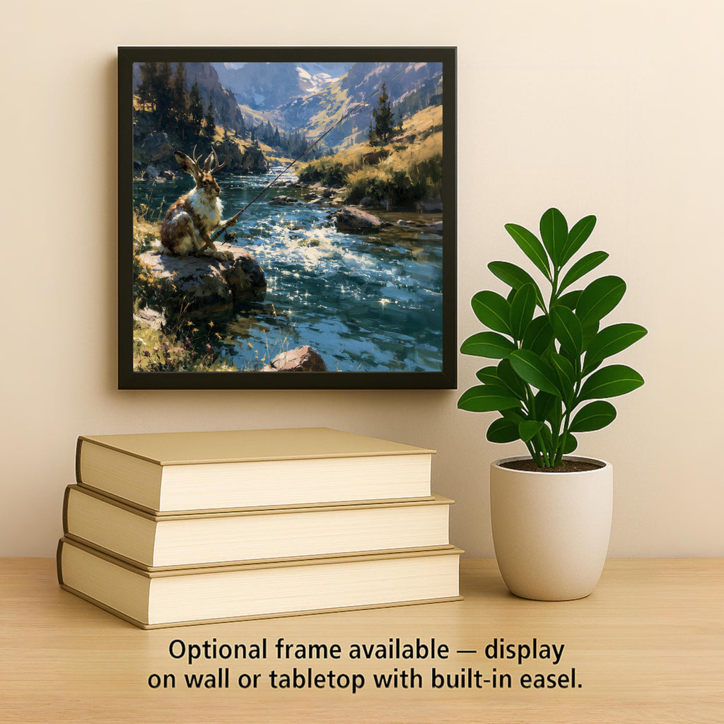 Jackalope Fishing Ceramic Tile Wall Art Painterly Horned Rabbit with Pole at Mountain Creek Folklore Cabin Whimsy Decor