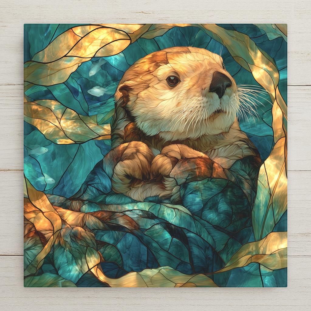 Stained glass style ceramic tile of a sea otter floating on its back among golden green kelp in deep teal Pacific Northwest water with small silver fish