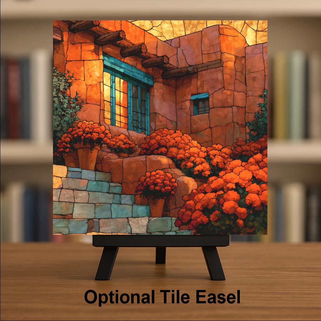 Adobe Courtyard Wall Art Ceramic Tile Stained Glass Style Marigold Southwest Decor New Mexico Pueblo Desert Sunset Art