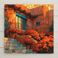 Stained glass style ceramic tile of a warm adobe courtyard with turquoise window frame, wooden vigas, and clay pots of bright orange marigolds under a golden southwest sky