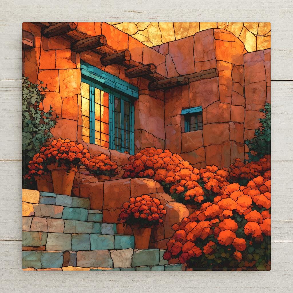 Stained glass style ceramic tile of a warm adobe courtyard with turquoise window frame, wooden vigas, and clay pots of bright orange marigolds under a golden southwest sky
