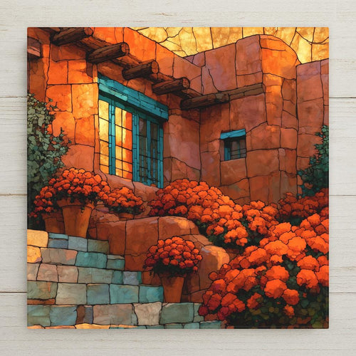 Stained glass style ceramic tile of a warm adobe courtyard with turquoise window frame, wooden vigas, and clay pots of bright orange marigolds under a golden southwest sky