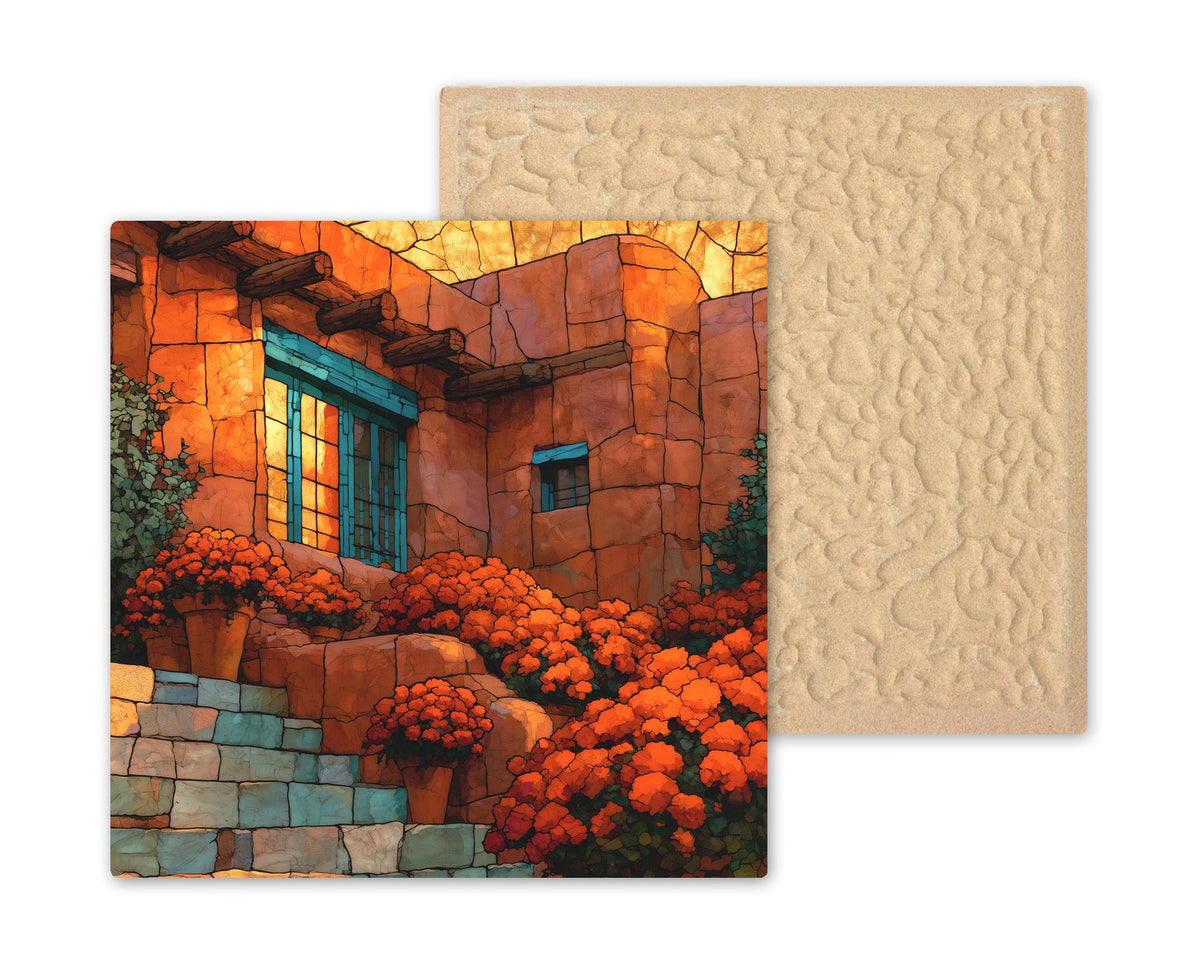 Adobe Courtyard Wall Art Ceramic Tile Stained Glass Style Marigold Southwest Decor New Mexico Pueblo Desert Sunset Art