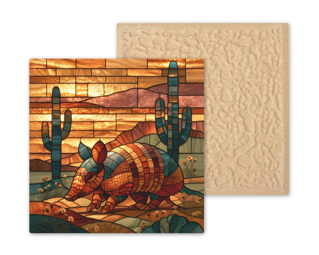 Armadillo Wall Art Ceramic Tile Stained Glass Style Saguaro Cactus Desert Sunset Southwest Decor Texas Wildlife Art