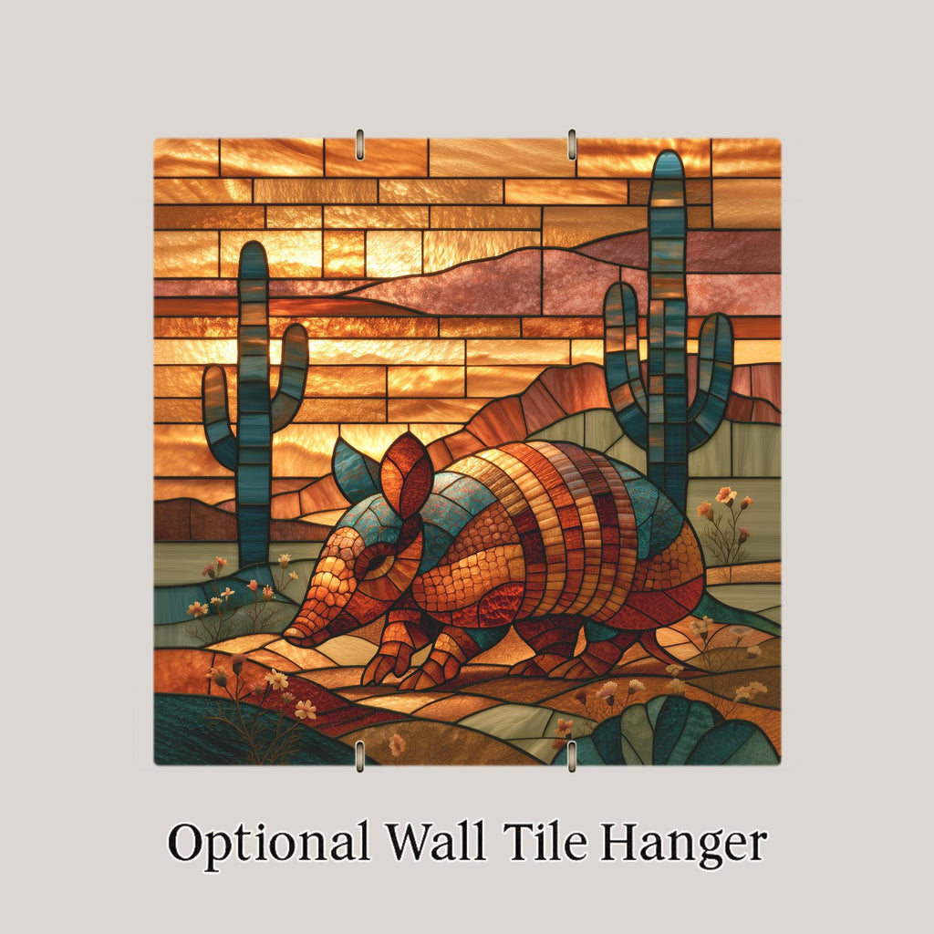 Armadillo Wall Art Ceramic Tile Stained Glass Style Saguaro Cactus Desert Sunset Southwest Decor Texas Wildlife Art