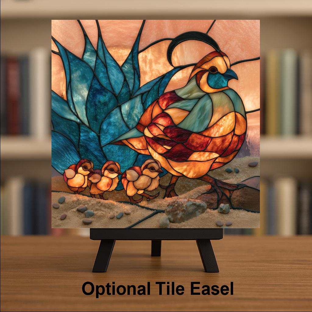 Quail Wall Art Ceramic Tile Stained Glass Style Desert Bird Family Agave Southwest Decor Sonoran Wildlife Nature Art