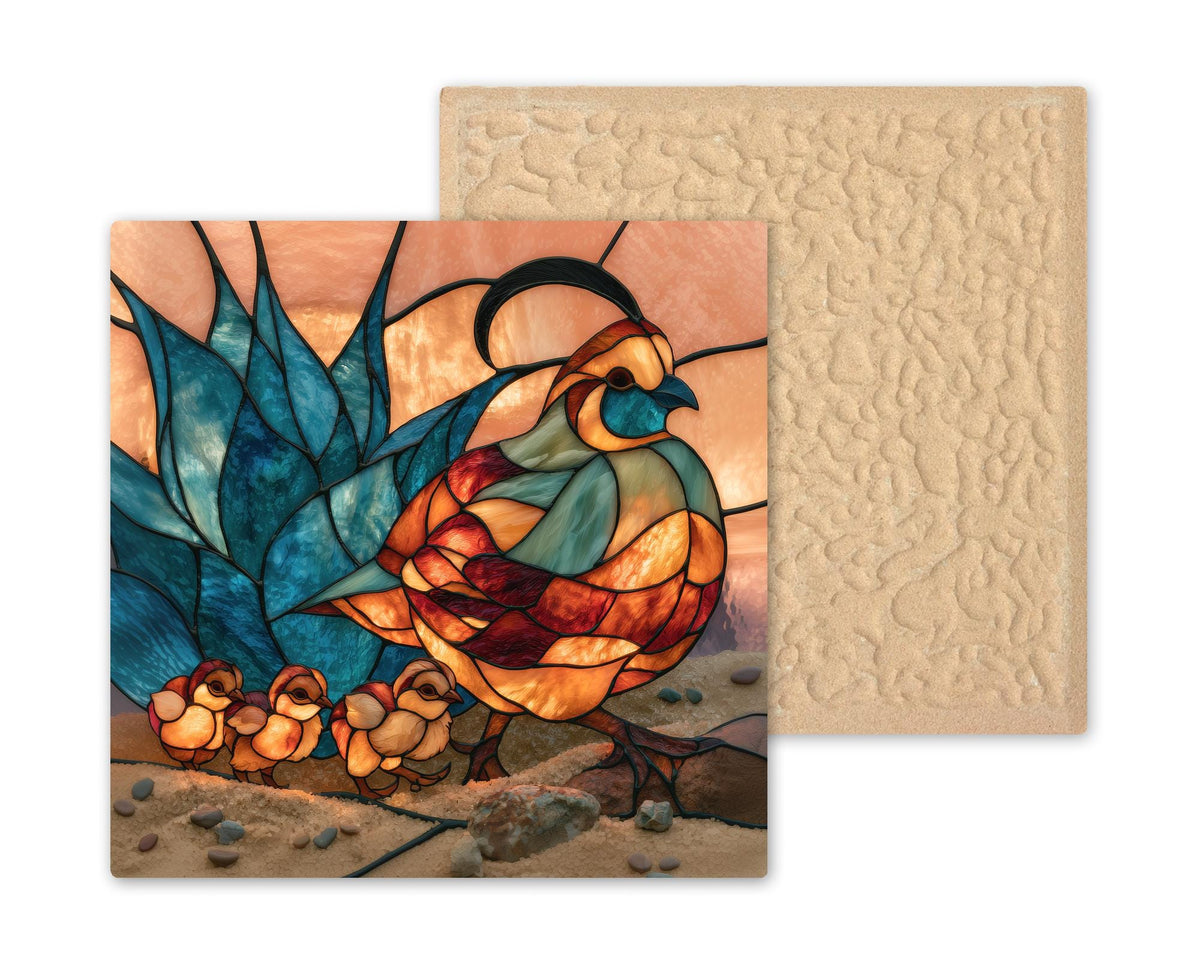 Quail Wall Art Ceramic Tile Stained Glass Style Desert Bird Family Agave Southwest Decor Sonoran Wildlife Nature Art