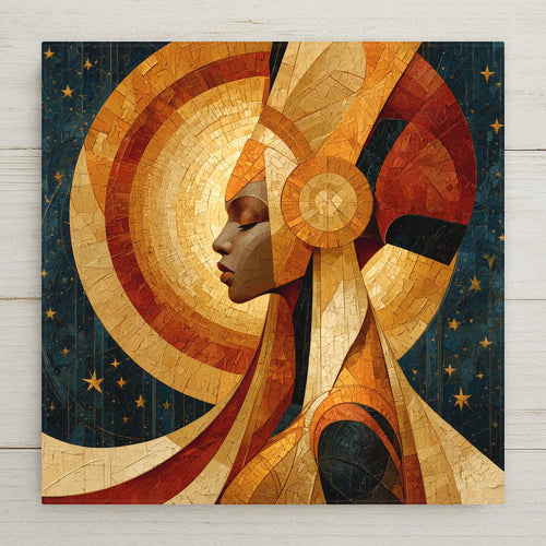Painterly ceramic tile of a regal Black woman in profile with a golden geometric crown and glowing rings of light against an indigo starry sky