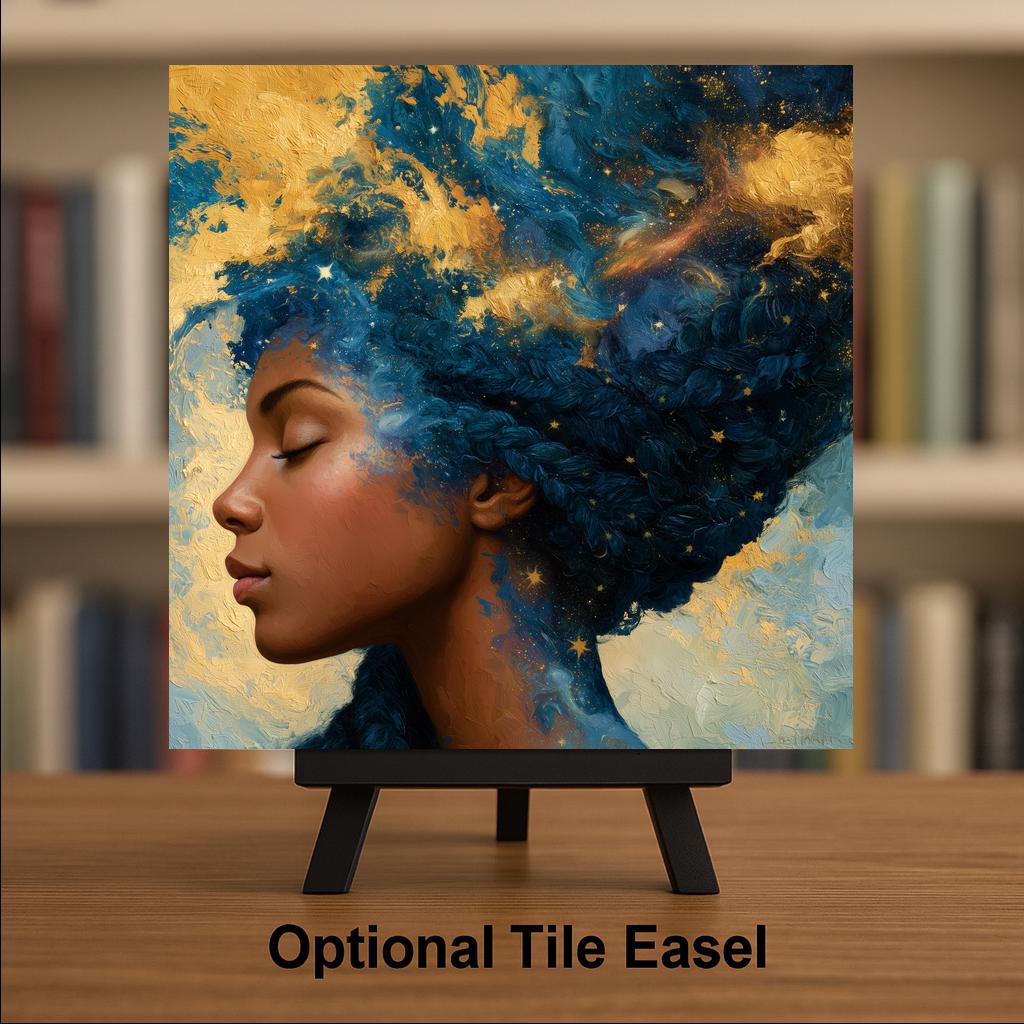 Afrofuturism Wall Art Ceramic Tile Black Woman Cosmic Braids Stars Galaxy Decor African American Celestial Portrait