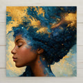 Painterly ceramic tile of a Black woman whose braids flow upward into swirling gold and blue galaxies and stars