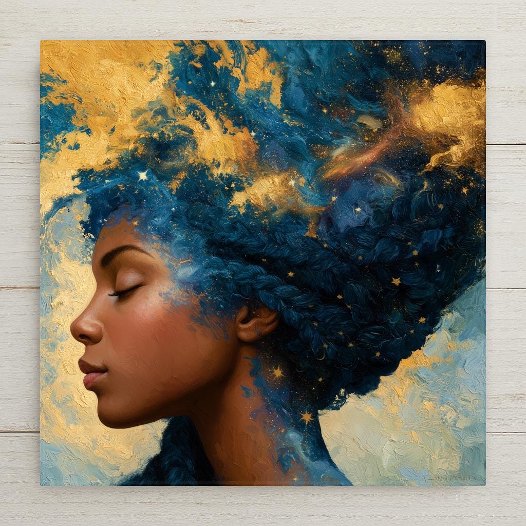 Painterly ceramic tile of a Black woman whose braids flow upward into swirling gold and blue galaxies and stars