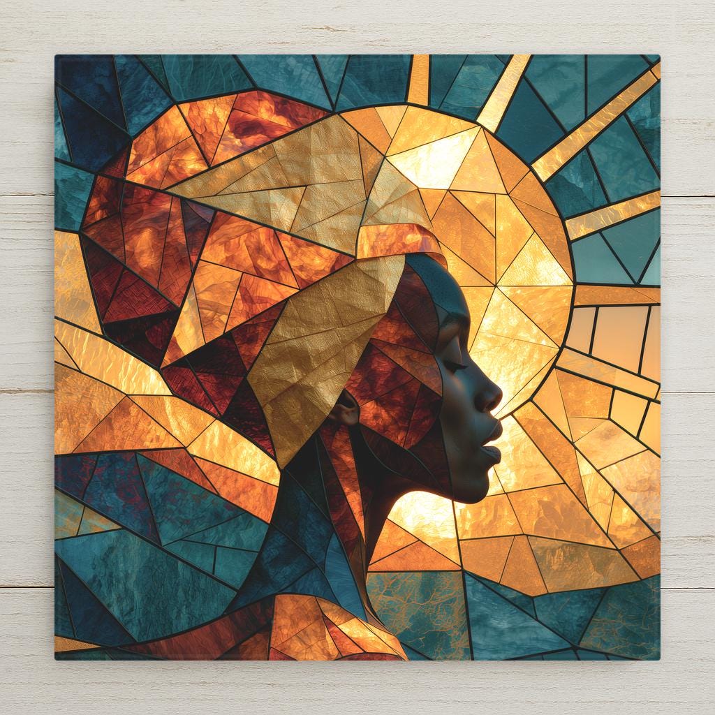 Stained glass style ceramic tile of a Black woman in silhouette profile with golden headwrap facing a large geometric golden sun against teal and indigo glass