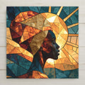 Stained glass style ceramic tile of a Black woman in silhouette profile with golden headwrap facing a large geometric golden sun against teal and indigo glass