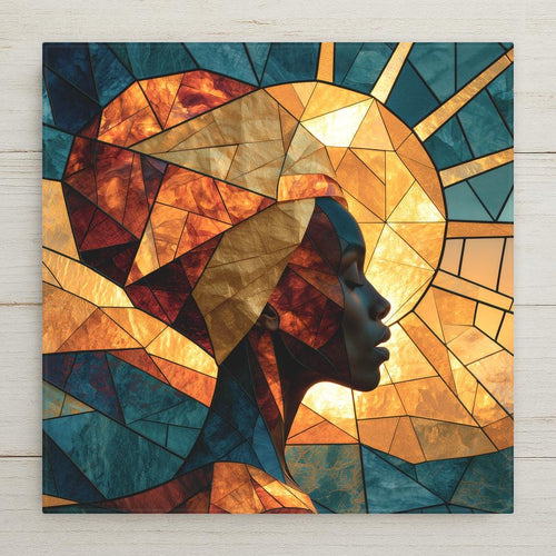 Stained glass style ceramic tile of a Black woman in silhouette profile with golden headwrap facing a large geometric golden sun against teal and indigo glass
