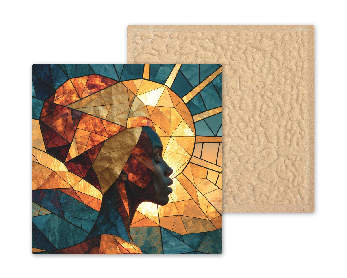 Afrofuturism Wall Art Ceramic Tile Stained Glass Style Black Woman Golden Sun African American Decor Modern Portrait
