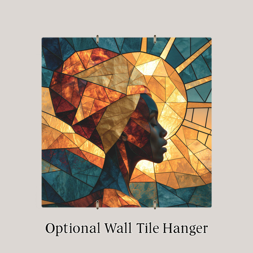 Afrofuturism Wall Art Ceramic Tile Stained Glass Style Black Woman Golden Sun African American Decor Modern Portrait