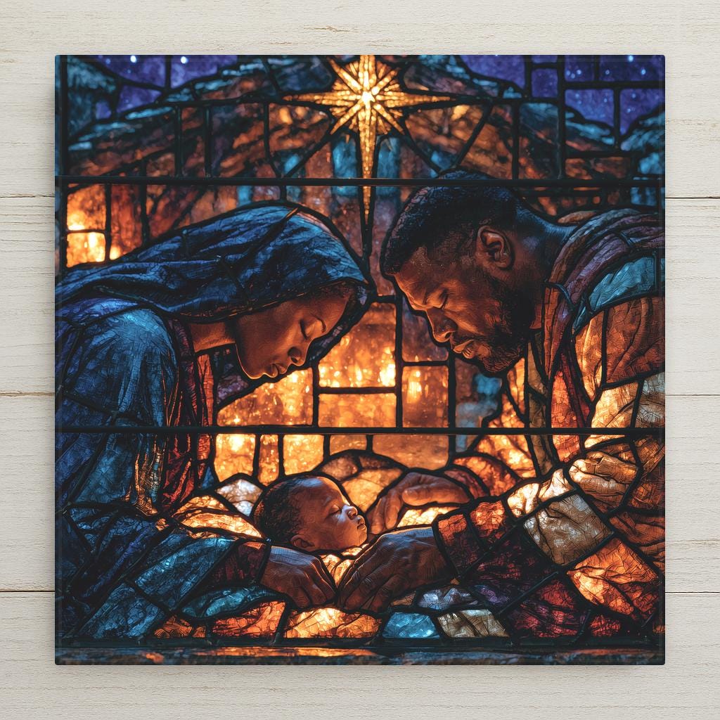 Stained glass style ceramic tile of the nativity with a Black holy family, Mary and Joseph bowed over the manger beneath a radiant gold star in an indigo night