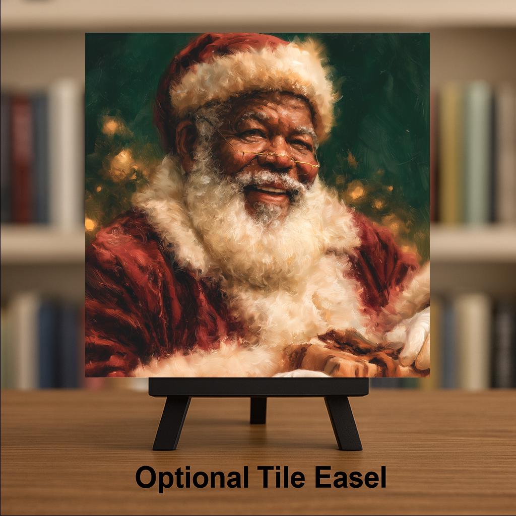 Black Santa Wall Art Ceramic Tile Christmas Decor African American Holiday Portrait Painterly Saint Nicholas Art