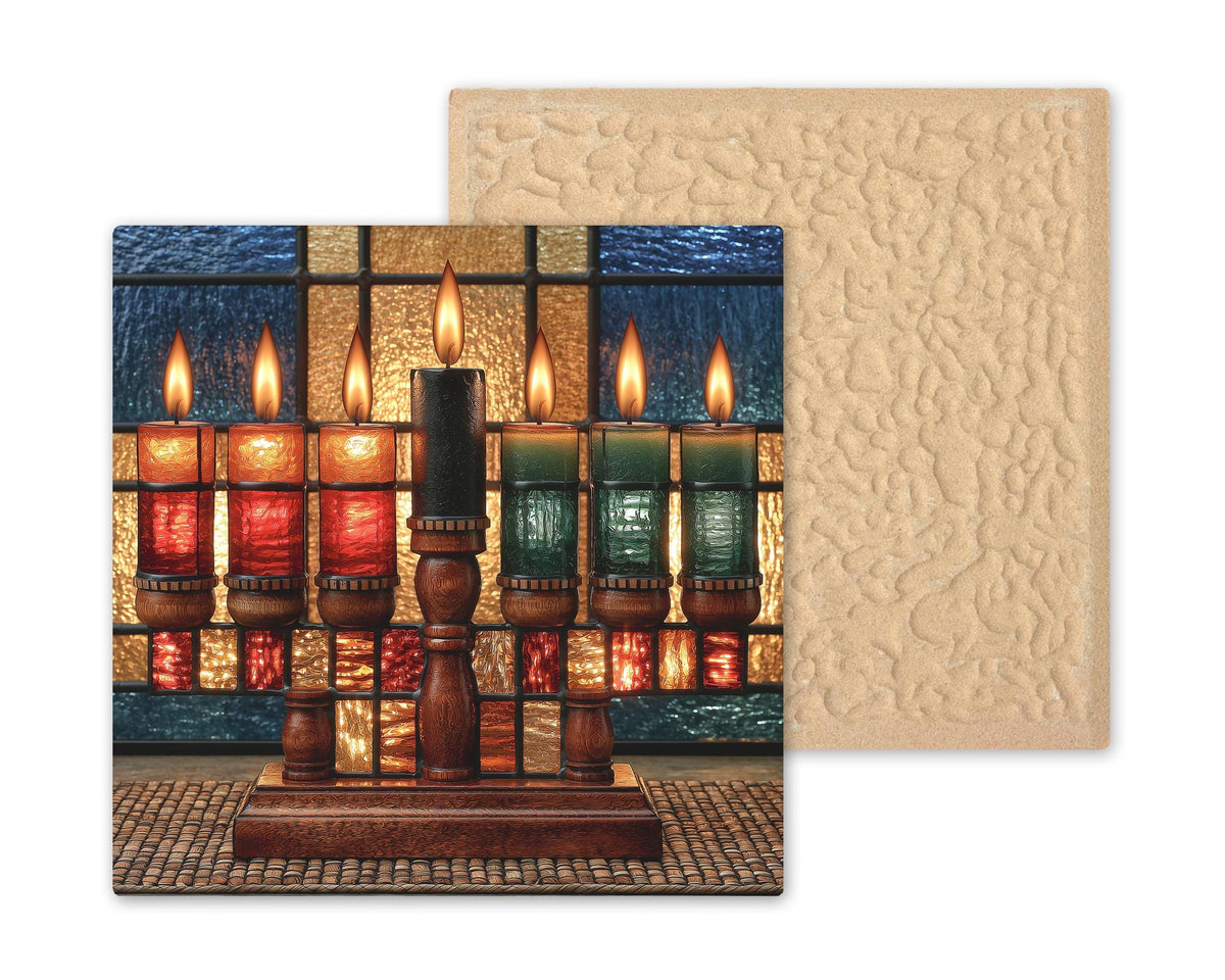 Kwanzaa Wall Art Ceramic Tile Stained Glass Style Kinara Candles Seven Principles African American Holiday Decor