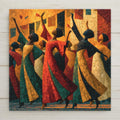 Painterly ceramic tile of stylized Black figures dancing in red green and gold dresses beneath banners in golden light celebrating Juneteenth