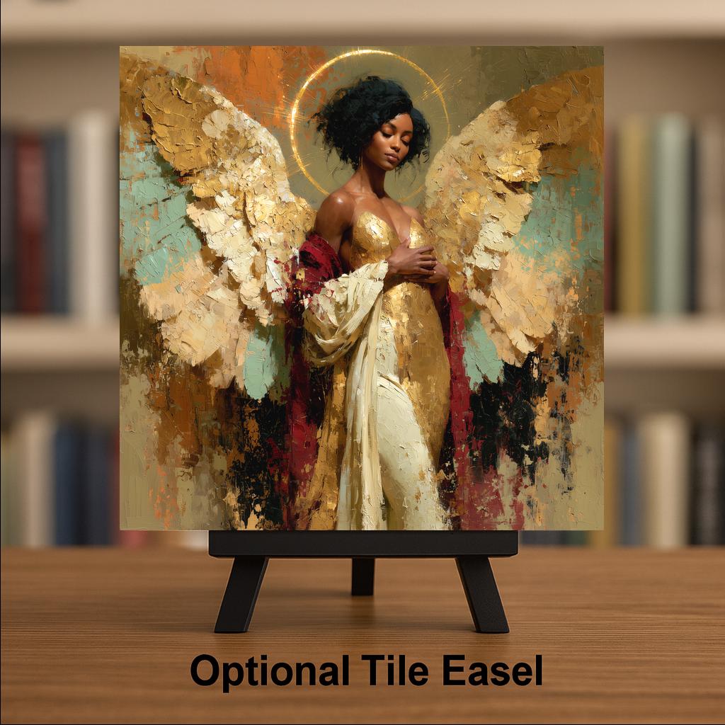Black Angel Wall Art Ceramic Tile Golden Wings African American Woman Guardian Memorial Spiritual Painterly Decor
