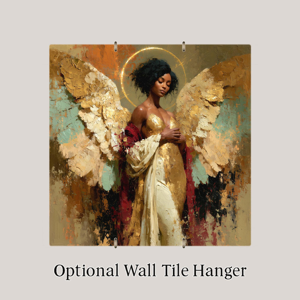 Black Angel Wall Art Ceramic Tile Golden Wings African American Woman Guardian Memorial Spiritual Painterly Decor