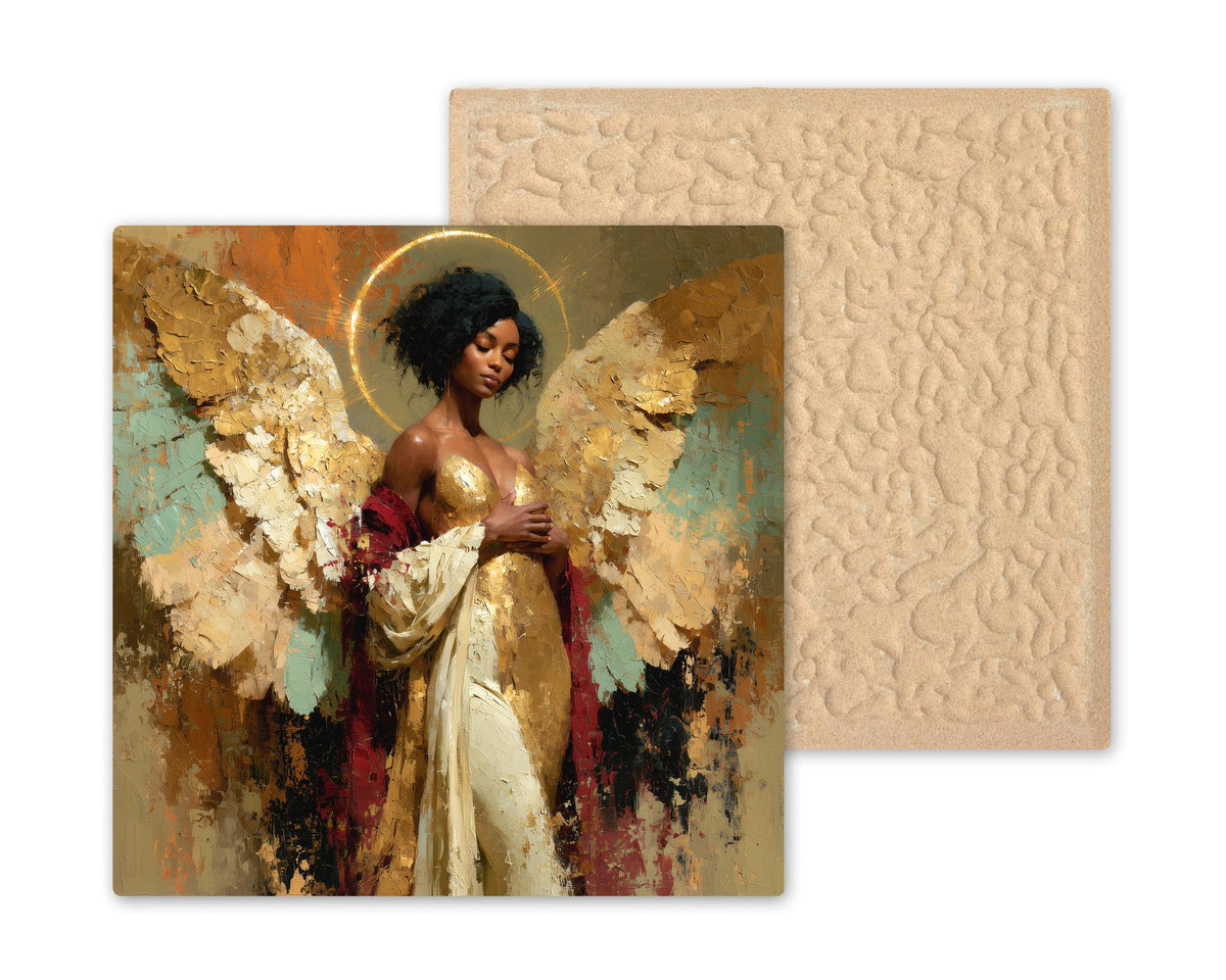 Black Angel Wall Art Ceramic Tile Golden Wings African American Woman Guardian Memorial Spiritual Painterly Decor