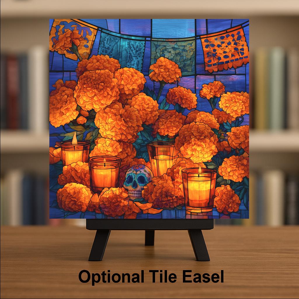 Marigold Wall Art Ceramic Tile Stained Glass Style Dia de los Muertos Decor Day of the Dead Ofrenda Mexican Folk Art