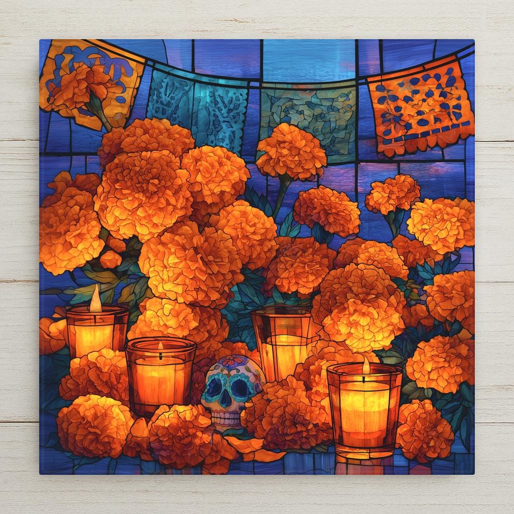 Stained glass style ceramic tile of a Dia de los Muertos ofrenda with cascading orange marigolds, glowing candles, papel picado banner, and a small sugar skull