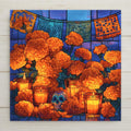 Stained glass style ceramic tile of a Dia de los Muertos ofrenda with cascading orange marigolds, glowing candles, papel picado banner, and a small sugar skull