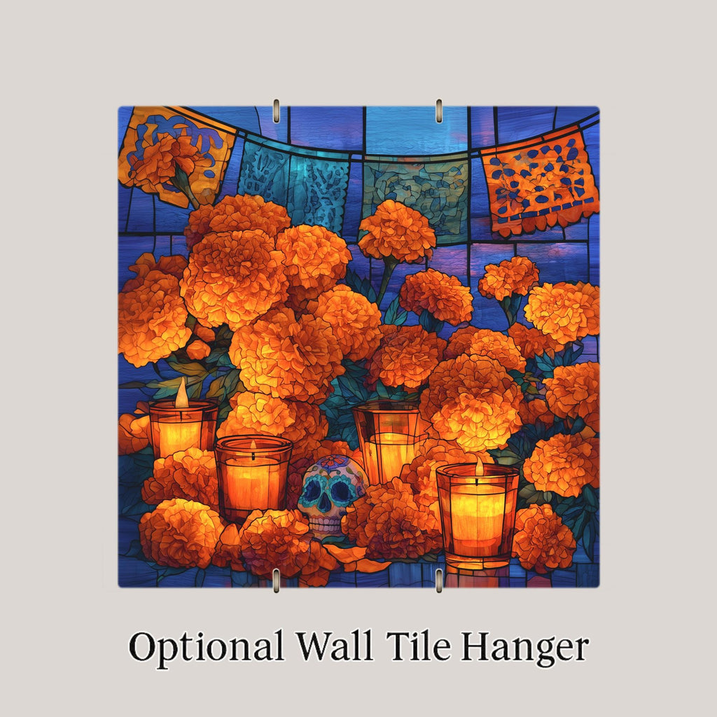 Marigold Wall Art Ceramic Tile Stained Glass Style Dia de los Muertos Decor Day of the Dead Ofrenda Mexican Folk Art