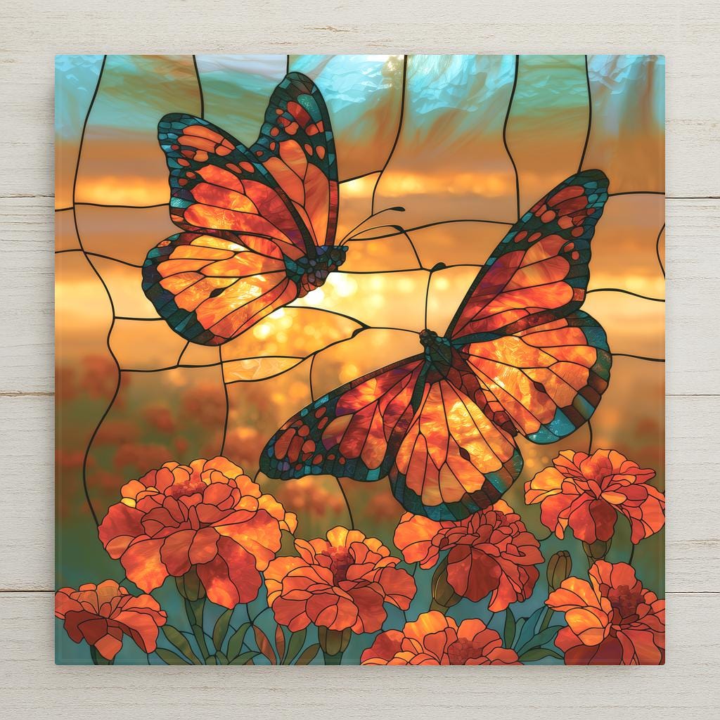 Stained glass style ceramic tile of two monarch butterflies flying over a field of bright orange marigolds in warm golden light