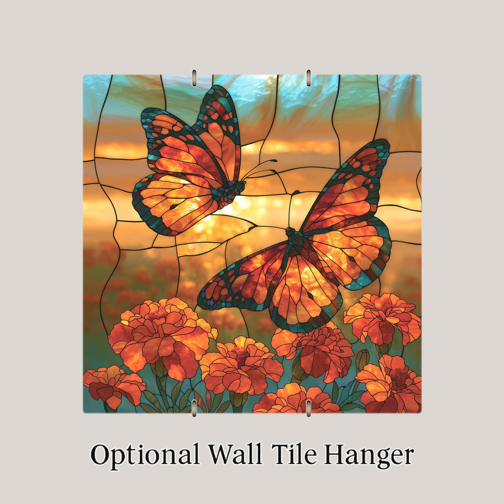 Monarch Butterfly Wall Art Ceramic Tile Stained Glass Style Marigold Field Memorial Decor Mexican Fall Migration Art