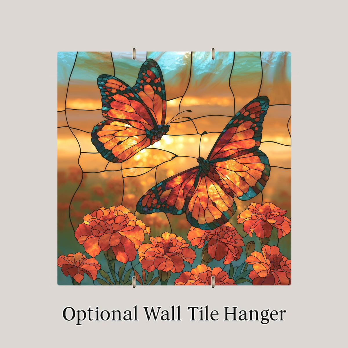 Monarch Butterfly Wall Art Ceramic Tile Stained Glass Style Marigold Field Memorial Decor Mexican Fall Migration Art