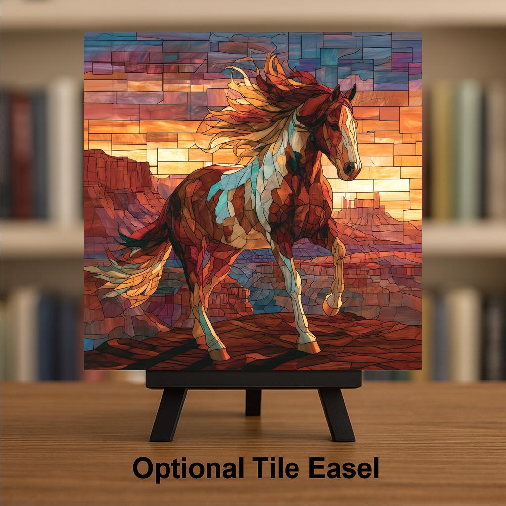 Horse Wall Art Ceramic Tile Stained Glass Style Desert Mesa Sunset Western Decor Southwest Ranch Equestrian Nature Art