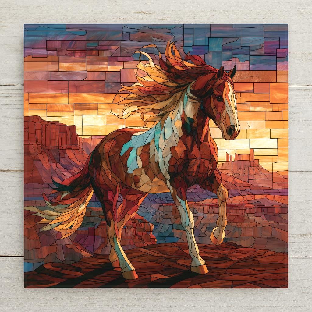 Stained glass style ceramic tile of a brown and white paint horse standing on a mesa rim at sunset with red rock buttes behind