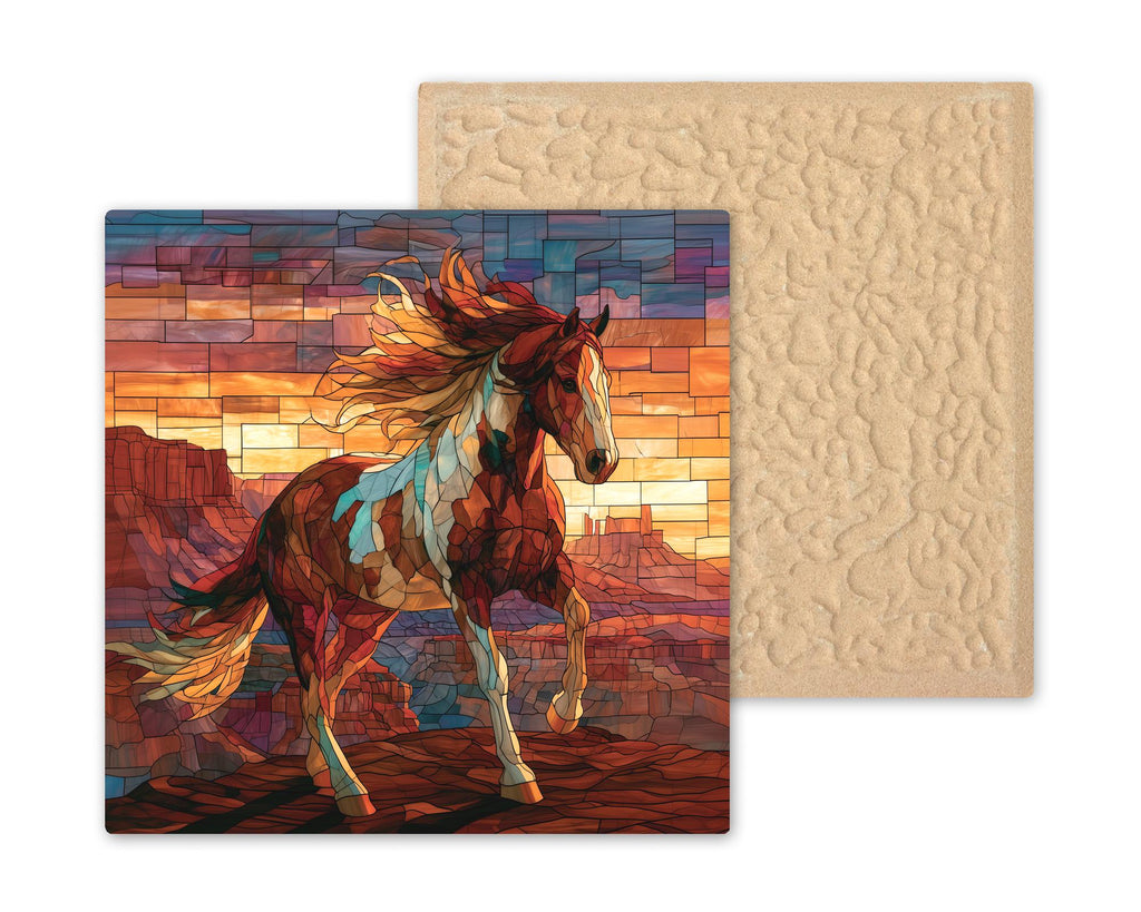 Horse Wall Art Ceramic Tile Stained Glass Style Desert Mesa Sunset Western Decor Southwest Ranch Equestrian Nature Art