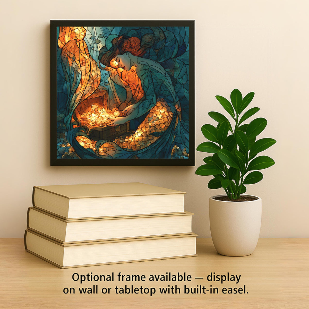 Mermaid Treasure Chest Wall Art Ceramic Tile Stained Glass Style Ocean Fantasy Decor Golden Pearl Sunken Sea Art