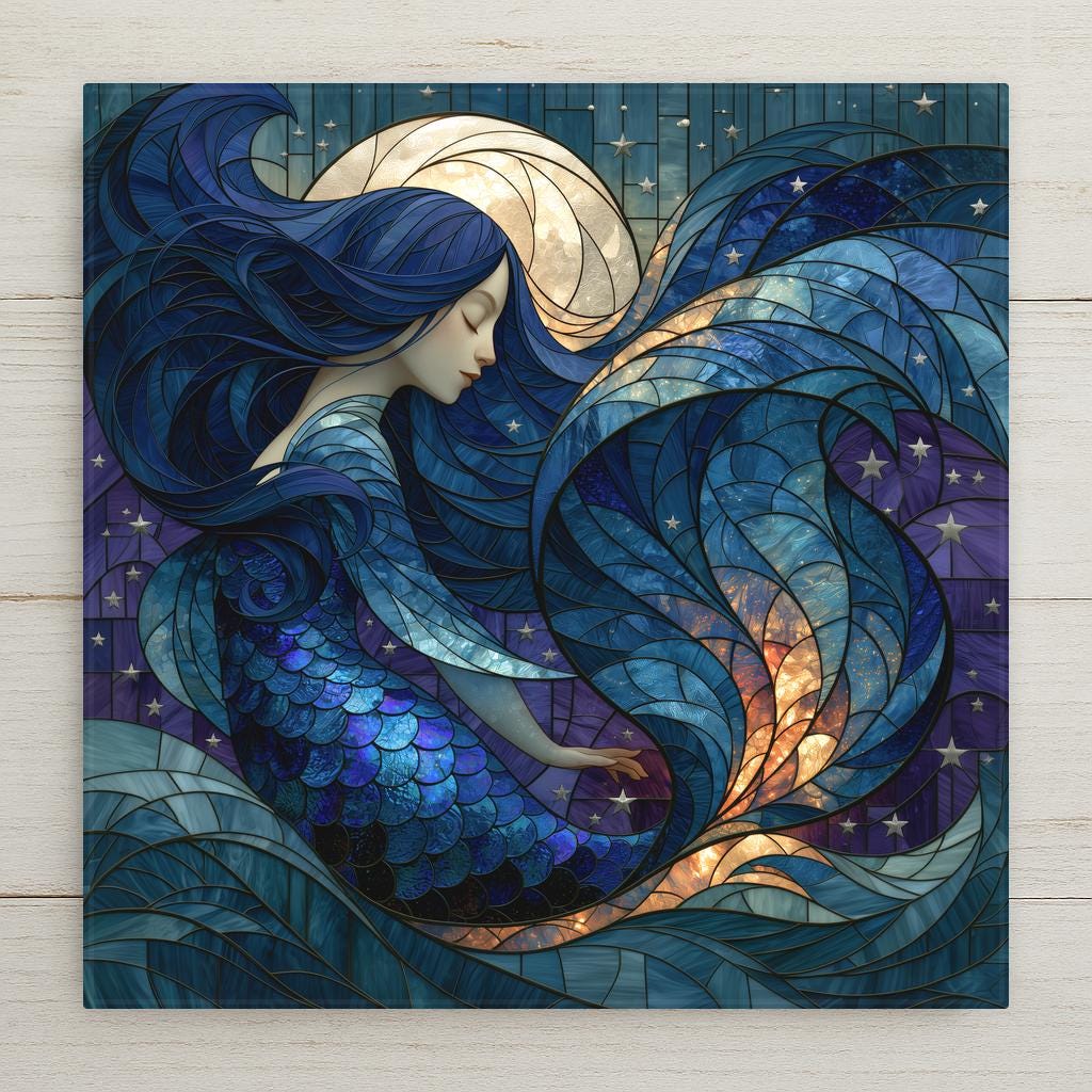 Stained glass style ceramic tile of a dark siren mermaid with a midnight blue tail beneath a pale silver full moon in deep indigo and violet water