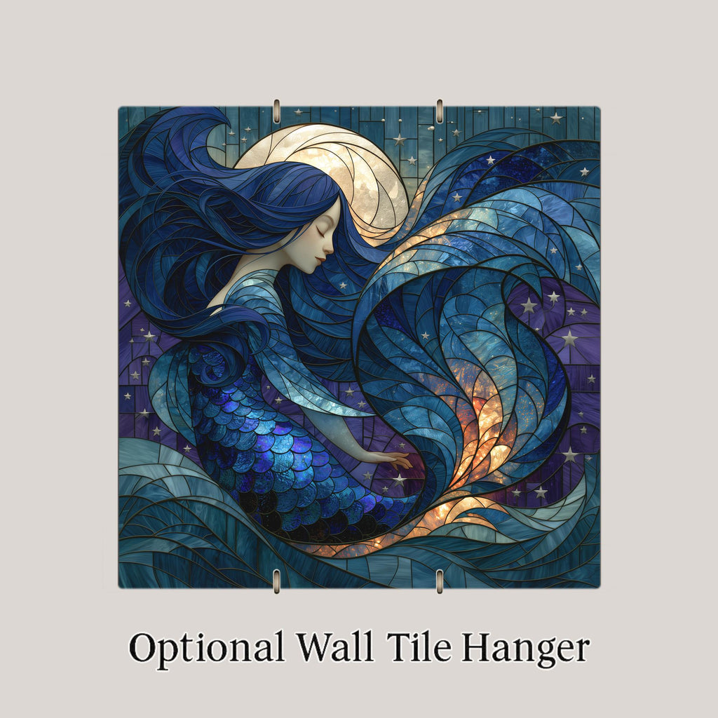 Siren Wall Art Ceramic Tile Stained Glass Style Dark Mermaid Moon Ocean Fantasy Mystical Gothic Decor Deep Sea Art