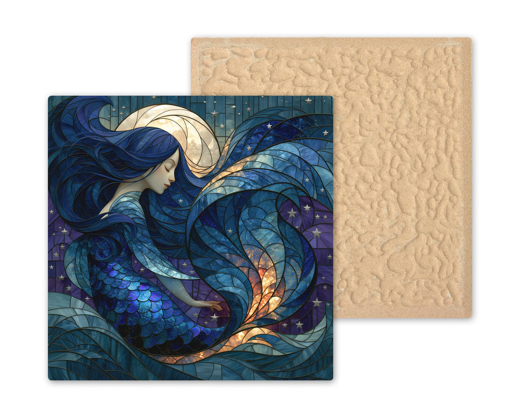 Siren Wall Art Ceramic Tile Stained Glass Style Dark Mermaid Moon Ocean Fantasy Mystical Gothic Decor Deep Sea Art